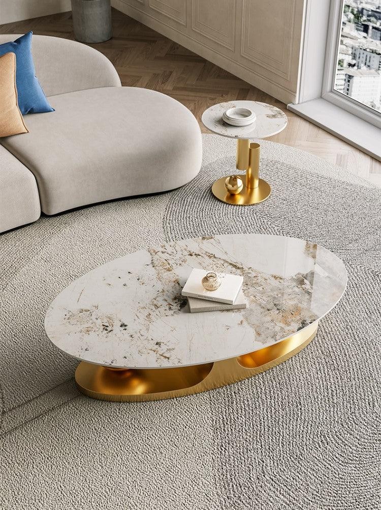 Living room Coffee Table Round Oval Slate Marble-Patterned Center Tables, Stainless Steel Gold Bases