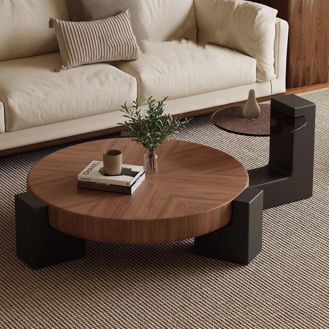 Modern Wooden Coffee Table with Black Legs – Round Living Room Table, Minimalist Design, Neutral Color Palette