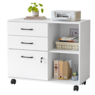 Vizibo 3 Drawer Side File Cabinet with Lock with Printer and Scanner Holder with Open Storage Shelves, White, Wood