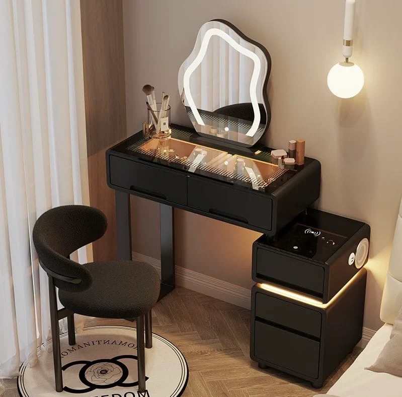 Smart Dressing Table - Compact LED Vanity Table with Bluetooth Speaker, Wireless Charger