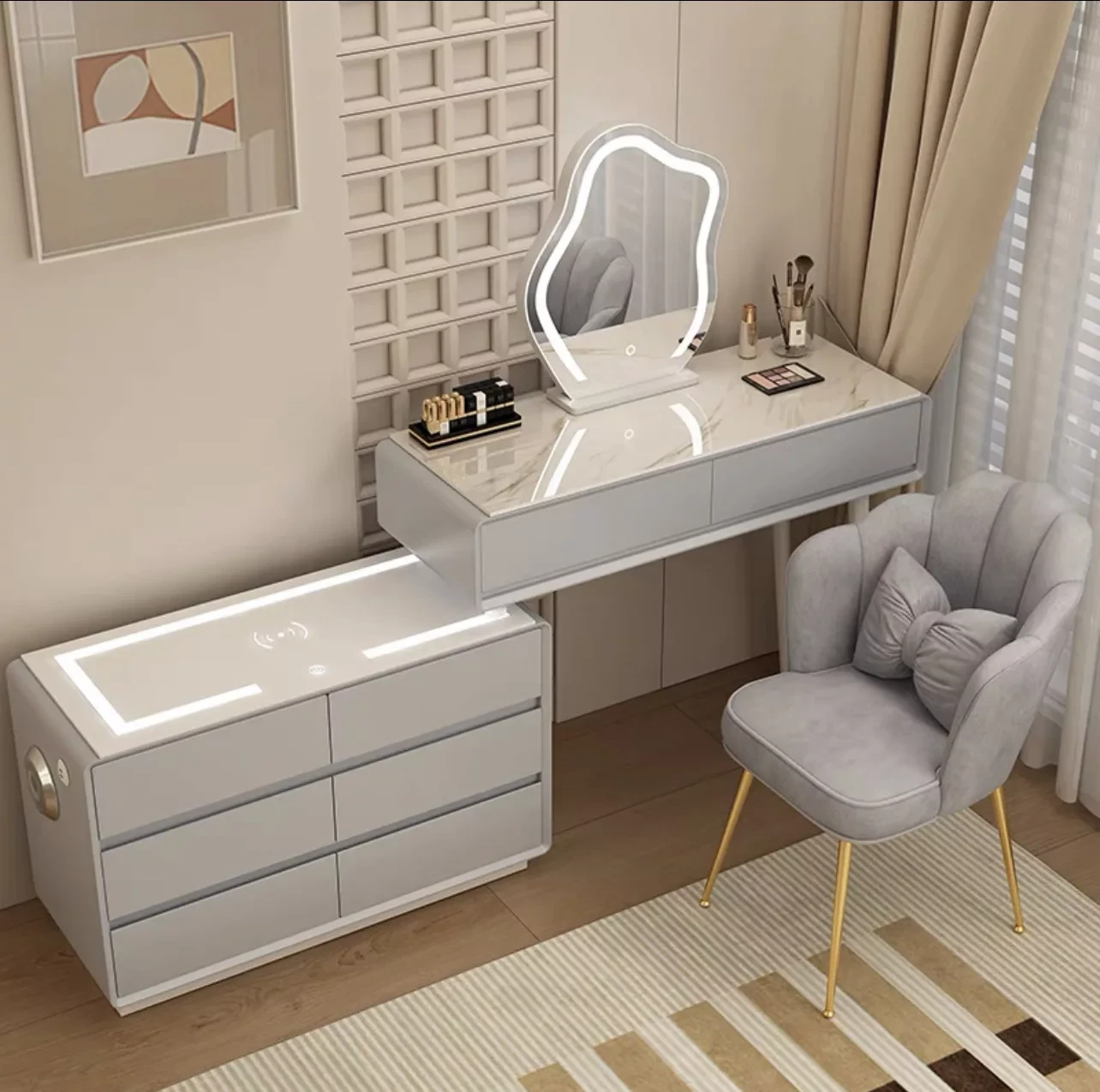 Adjustable 200cm LED Vanity Dressing Table with Bluetooth Speaker, Wireless Charger