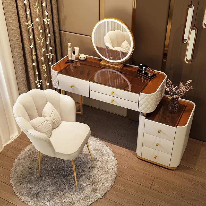 Distinctive Modern Dressing Table with Mirror and Drawers, Solid Wood Vanity Table Set for Bedroom