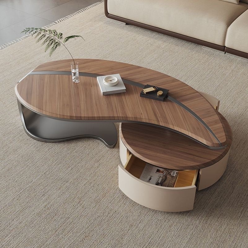 Contemporary Walnut Coffee Table with Hidden Storage – Innovative Design with Metal Inlay, Ideal for Living Room Decor