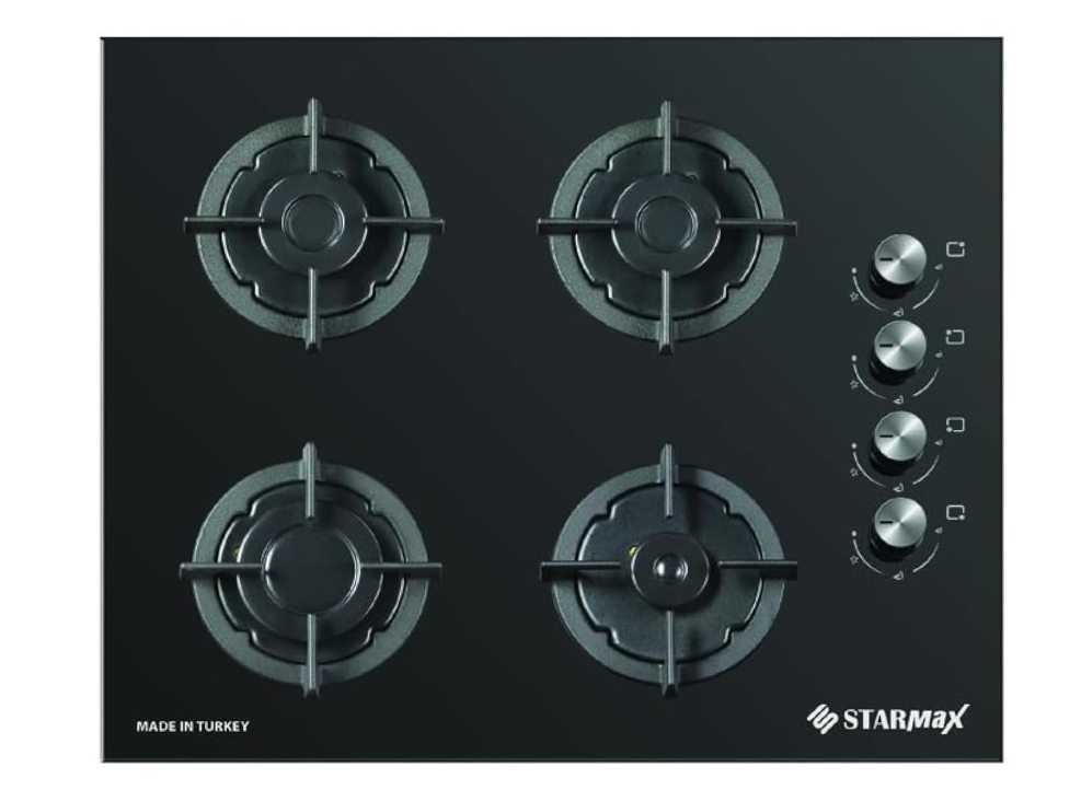 Starmax Multi-Purpose Built-In Gas Cooker, Black Glass Cooker with Cast Iron Pan Support, 60cm, 4 Burners (Made in Turkey)