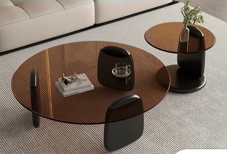 Modern Solid Wood and Tempered Glass Coffee Table Set – 2-Piece Round Table Set with Asymmetrical Design