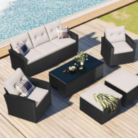 ATY 6 Piece Furniture Set, Outdoor Furniture Set with Coffee Table, All Weather Wicker, PE Rattan Sofa with Footrest and Removable Cushions, Beige